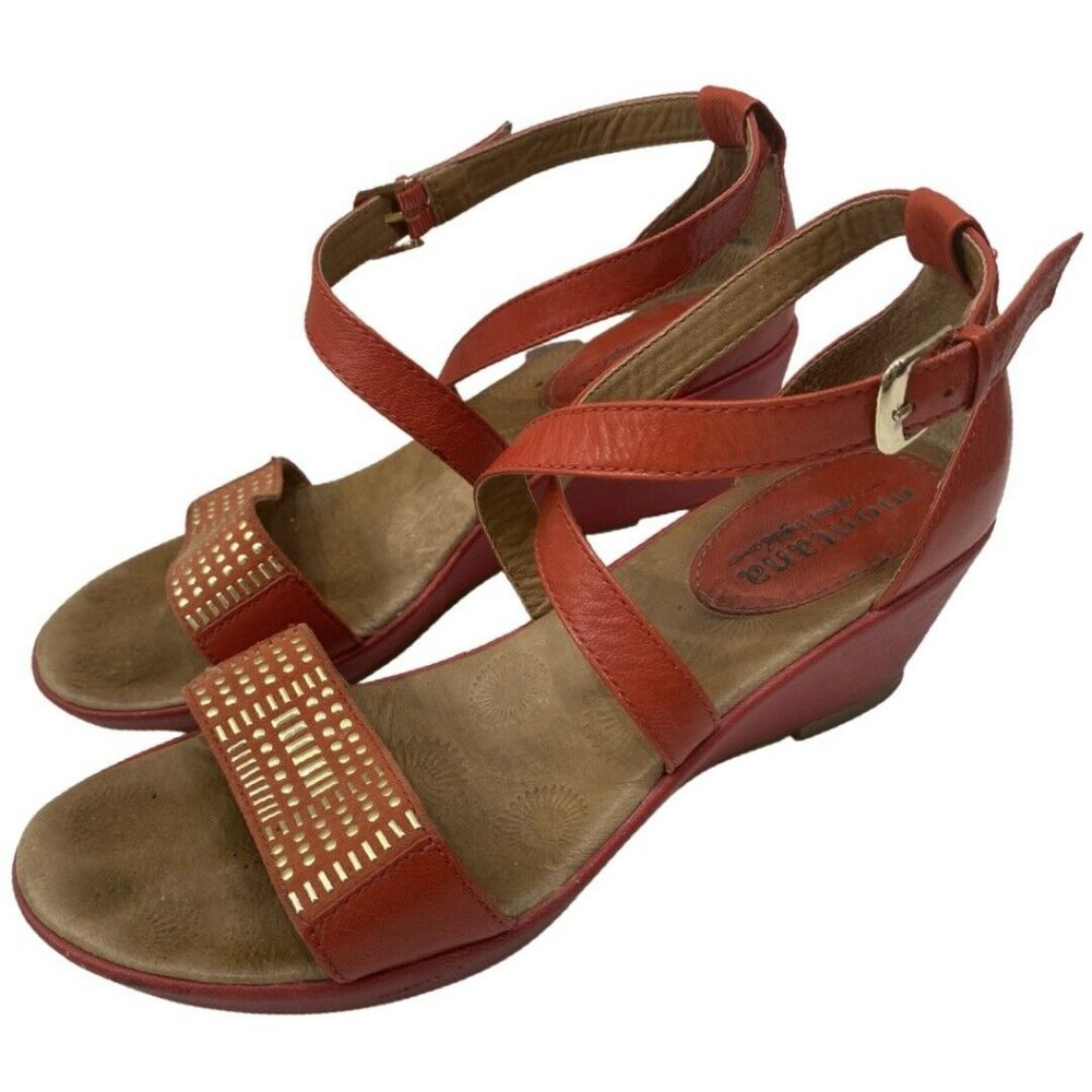 Montana Artisan Crafted 10 M Coral Leather Buckle Cross Strap 3" Wedge Sandals